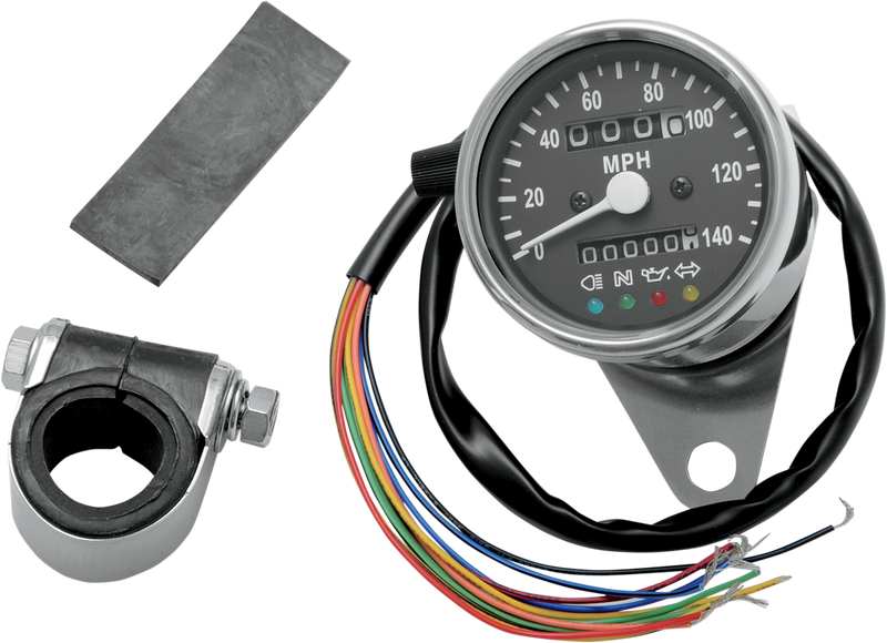 MPH Mini Mechanical Speedometer with LED Indicators - Black Face - 2:1 Ratio - 2.4"