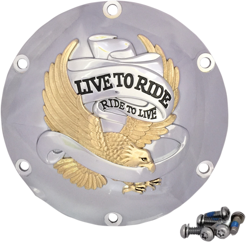 Derby Cover - Live to Ride - 6-Hole - Chrome w/Gold Eagle - '04-'22 Sportster