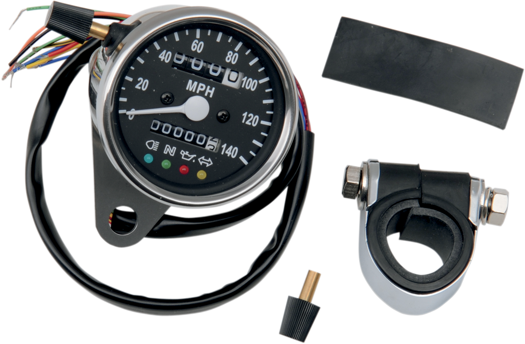 MPH Mini Mechanical Speedometer with LED Indicators - Black Face - 2240:60 Ratio - 2.4"