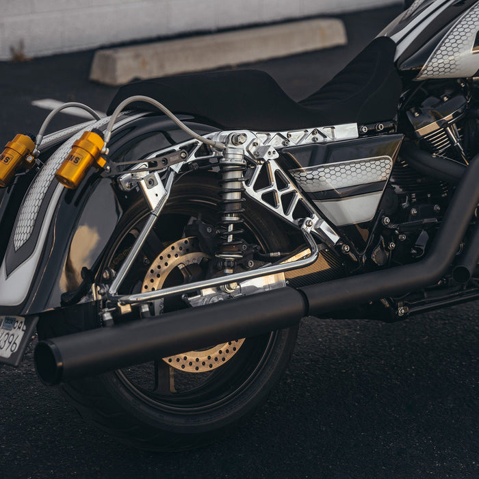 Trask billet aluminum subframe for Harley-Davidson touring models.