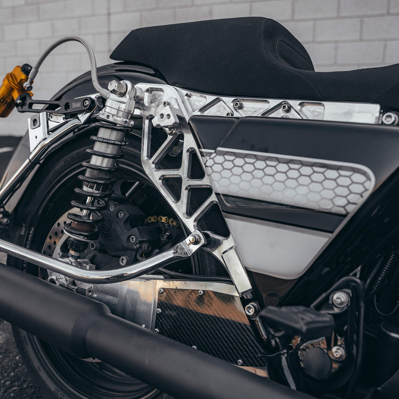 Trask billet aluminum subframe for Harley-Davidson touring models.