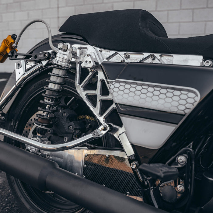 Trask billet aluminum subframe for Harley-Davidson touring models.