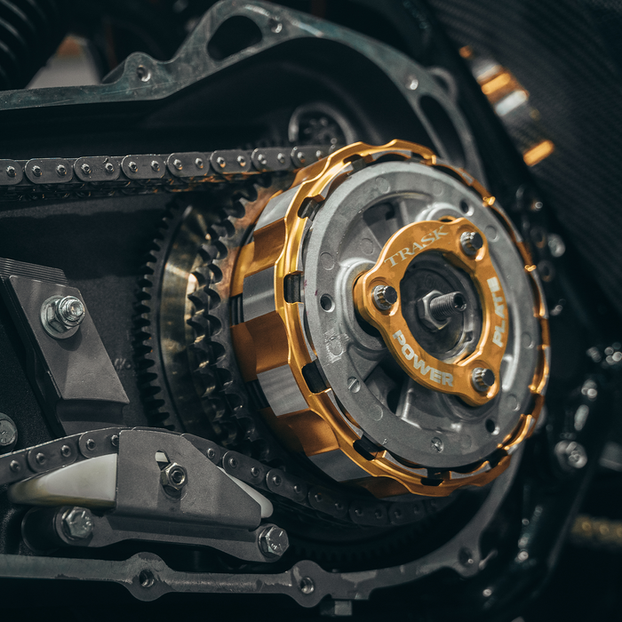 Trask M8 Billet Clutch Basket with the gold Trask Power Plate