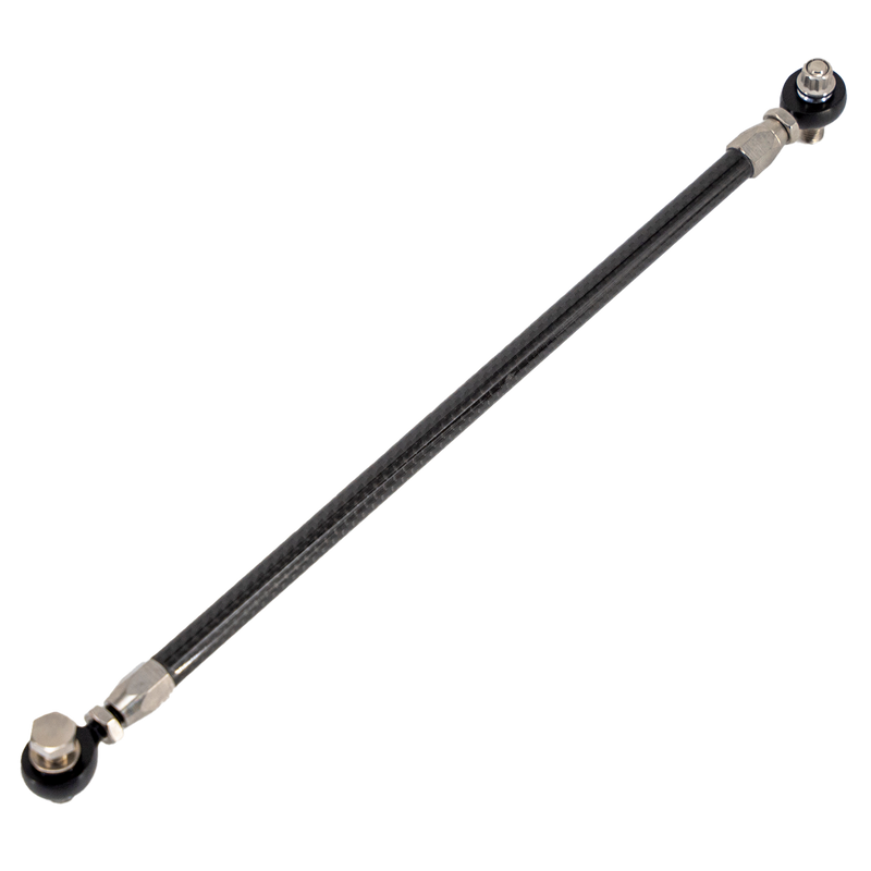 Close-up of Trask carbon fiber shift linkage with heim joint for precise shifting.