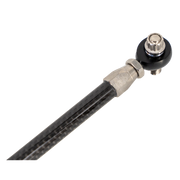 Close-up of Trask carbon fiber shift linkage with heim joint for precise shifting.