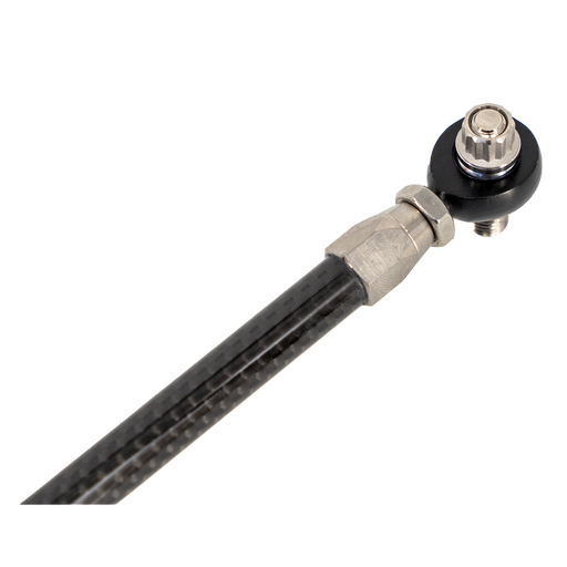 Close-up of Trask carbon fiber shift linkage with heim joint for precise shifting.
