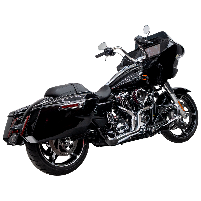 Black and Chrome Trask Nasty Bastard exhaust profile on Road Glide.