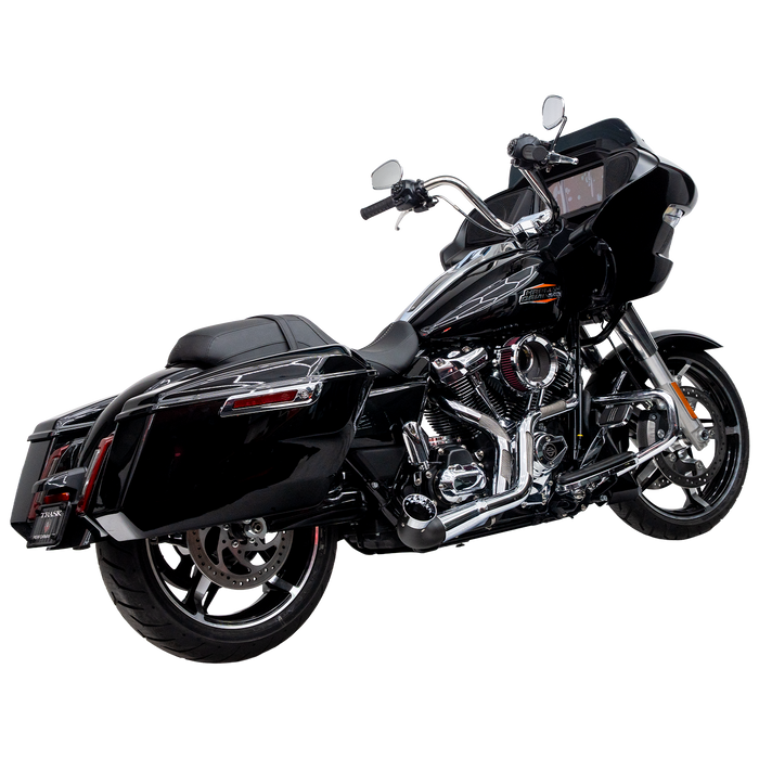 Black and Chrome Trask Nasty Bastard exhaust profile on Road Glide.