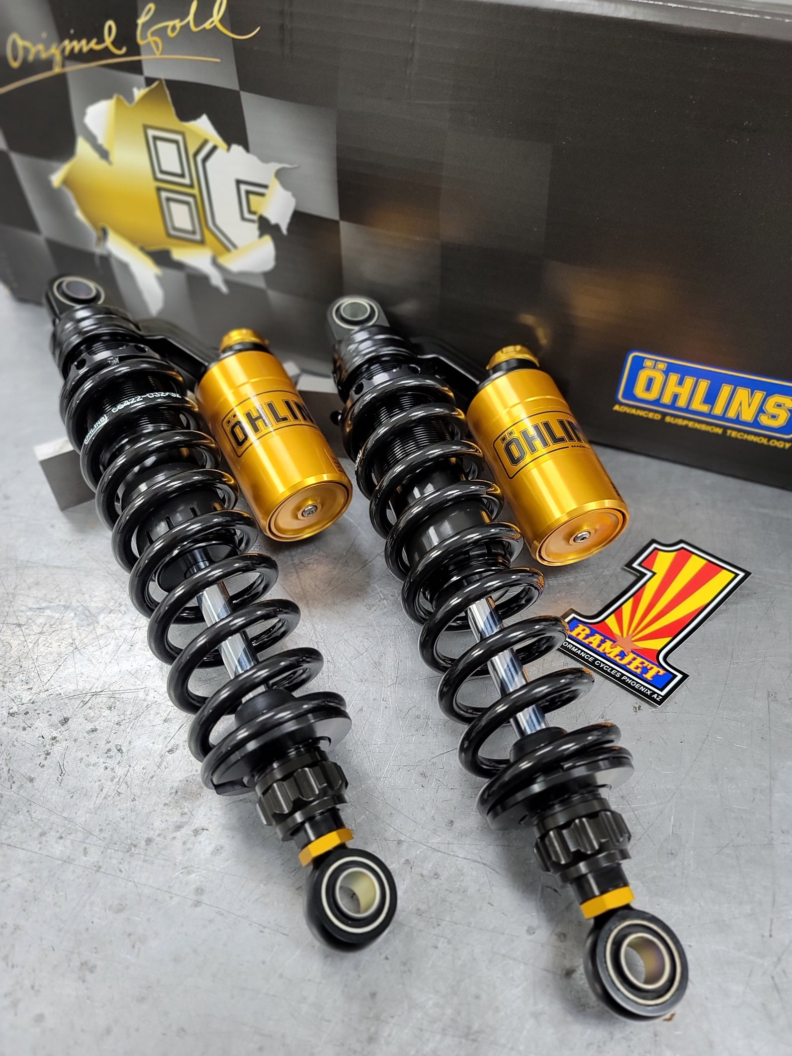 Ohlins "BlacklineGold Reservoir Piggyback Shocks" Dyna — Ramjet Racing